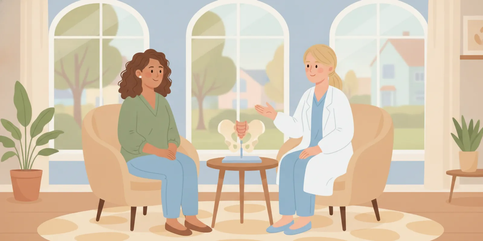 Warm illustration of a woman speaking with a pelvic health clinician in a calm, private office
