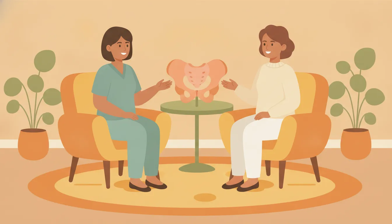 Woman discussing a pelvic floor evaluation with a female pelvic health physician