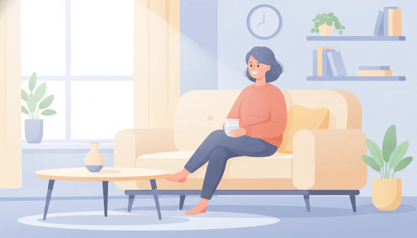 Warm flat vector illustration of a relaxed middle-aged woman resting at home in soft light, destigmatizing representation of bladder and pelvic floor health care