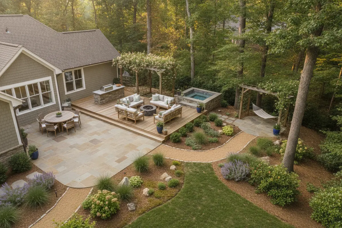 A backyard plan dividing the space into connected dining, lounging, and spa zones