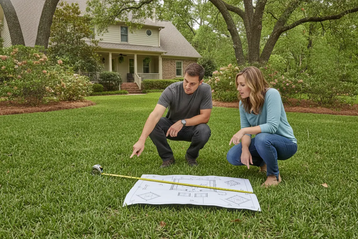 A homeowner and professional reviewing the planned patio layout in a backyard