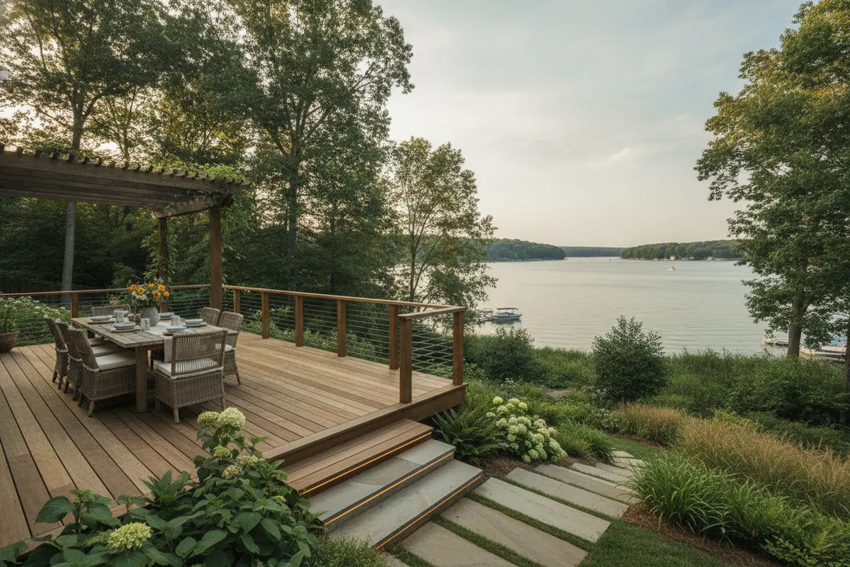 A Lake Norman-area deck with stairs connecting the elevated platform to a landscaped sloping yard