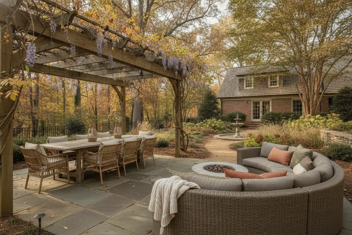 A pergola-covered dining zone connected to a patio and backyard lounge