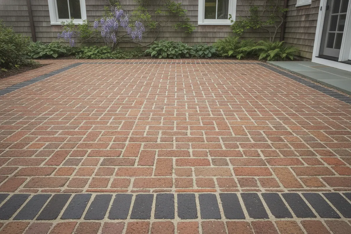 Brick patio pattern with a contrasting border planned beside a home