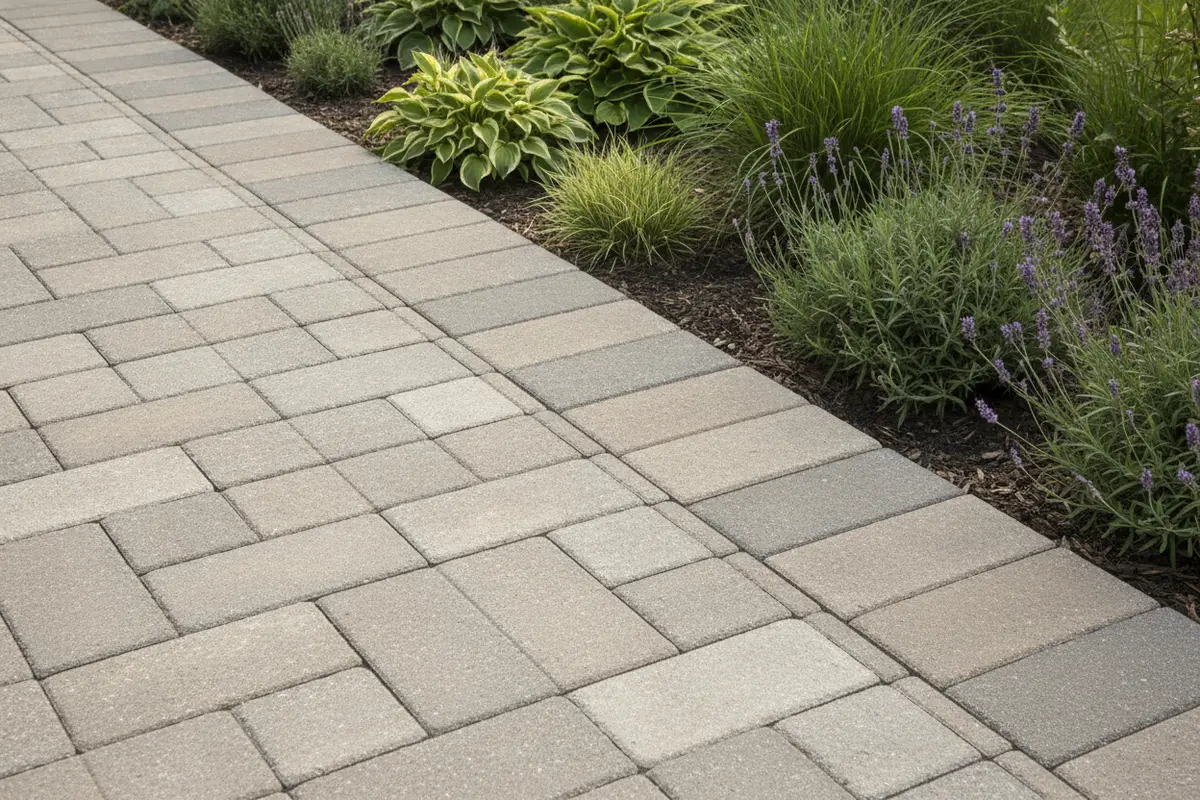 Close view of neatly cut paver edges beside a garden border
