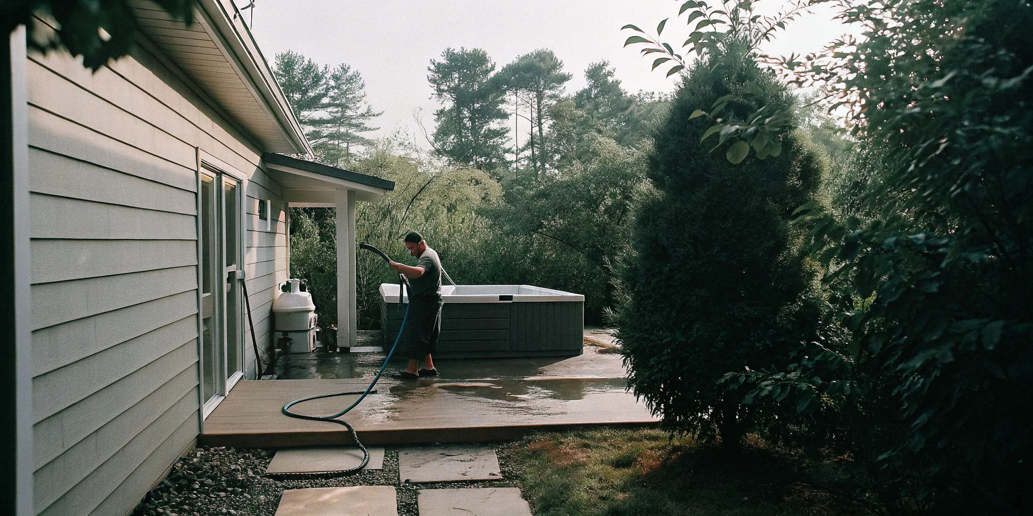 Homeowner rinsing a filter during cold plunge maintenance