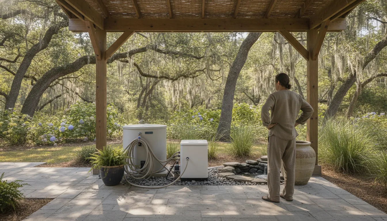 Homeowner checking a cold plunge circulation setup on a Carolina patio