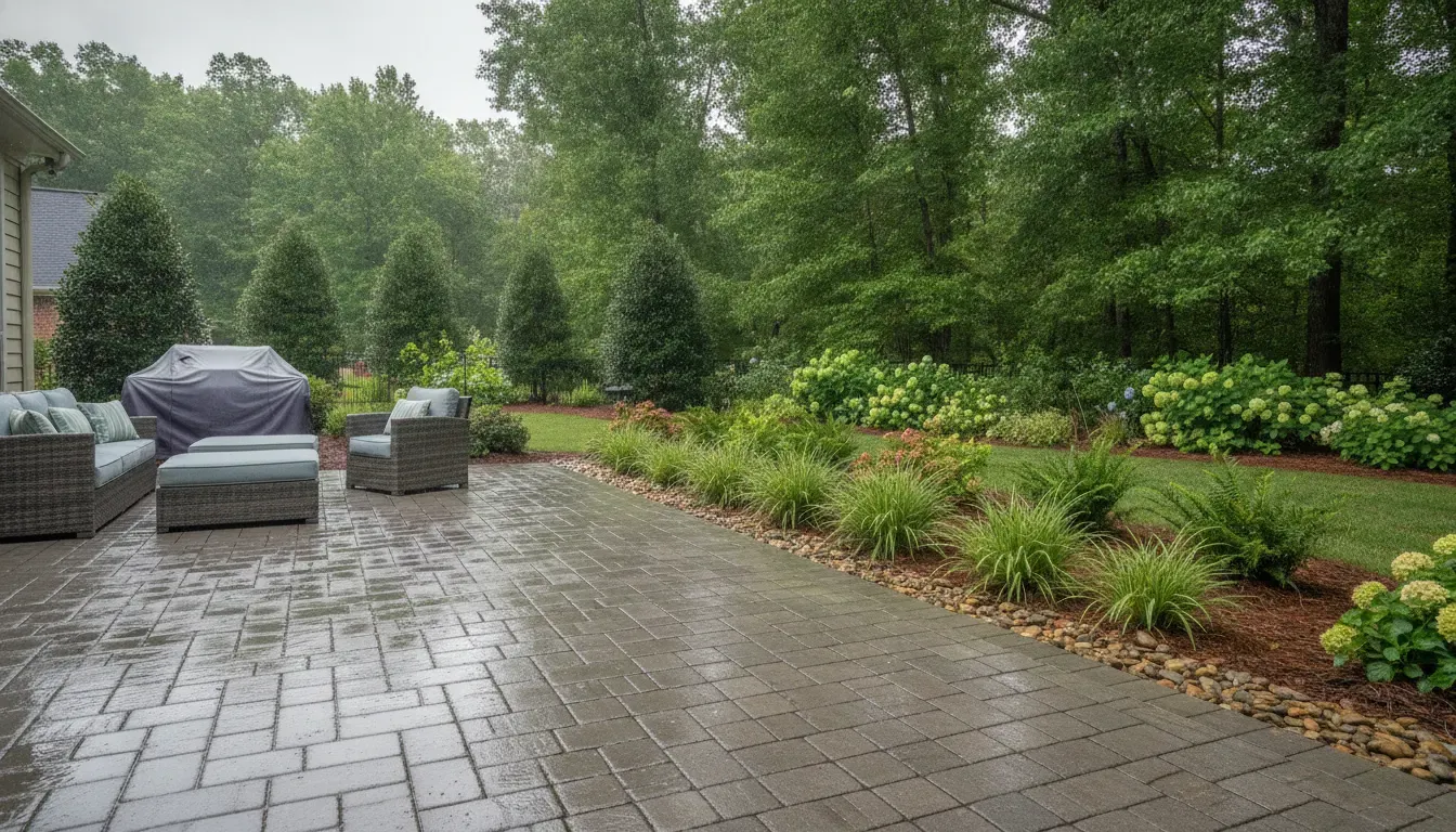 Rainwater moving across a maintained concrete paver patio toward a landscaped drainage edge