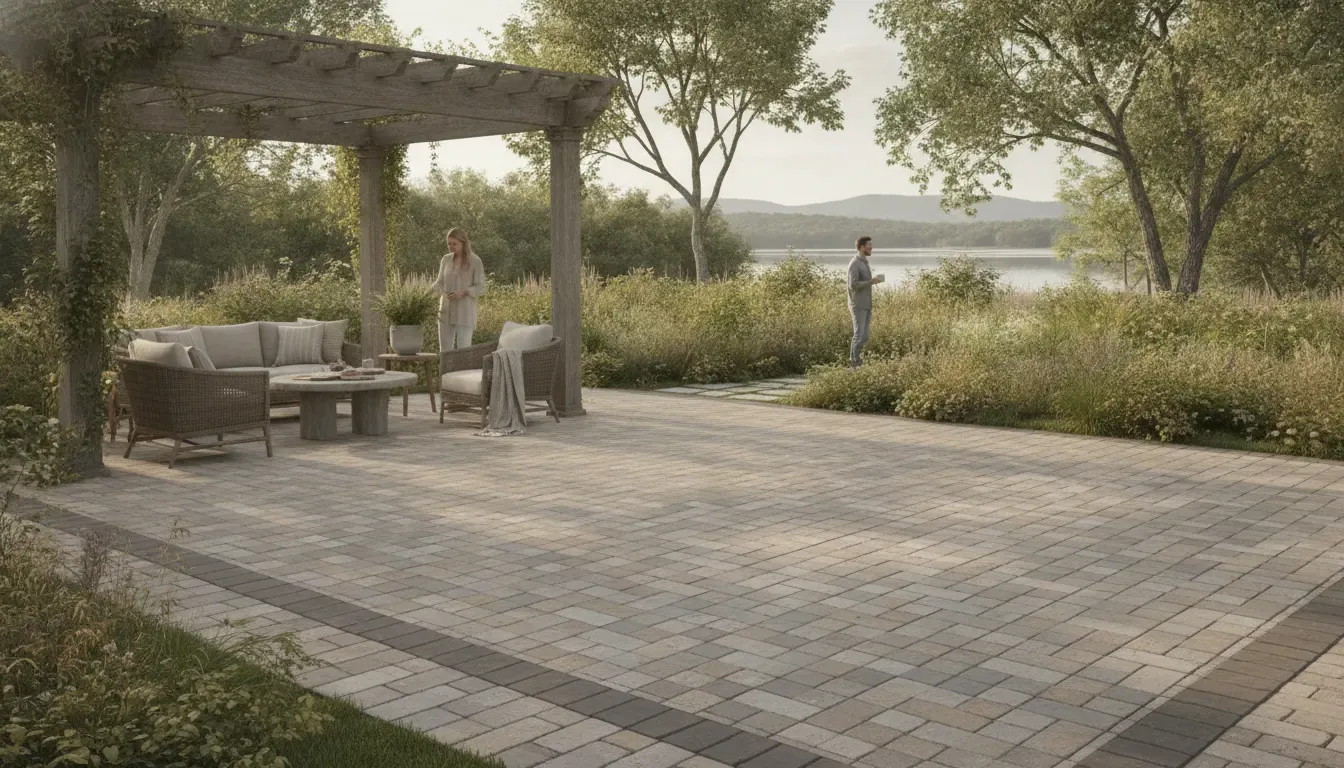Concrete pavers in a large-format patio pattern beside a Carolina landscape