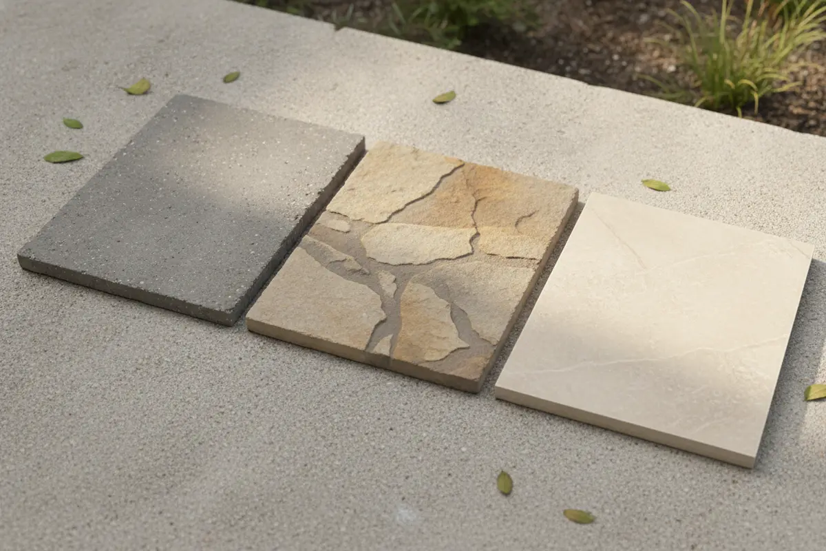 Concrete, stone, and porcelain paver samples compared by texture and color