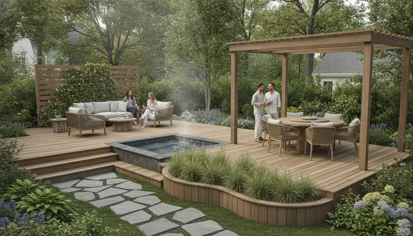 Deck plans showing a shaded seating area, stairs, privacy planting, and hot tub in a Carolina backyard