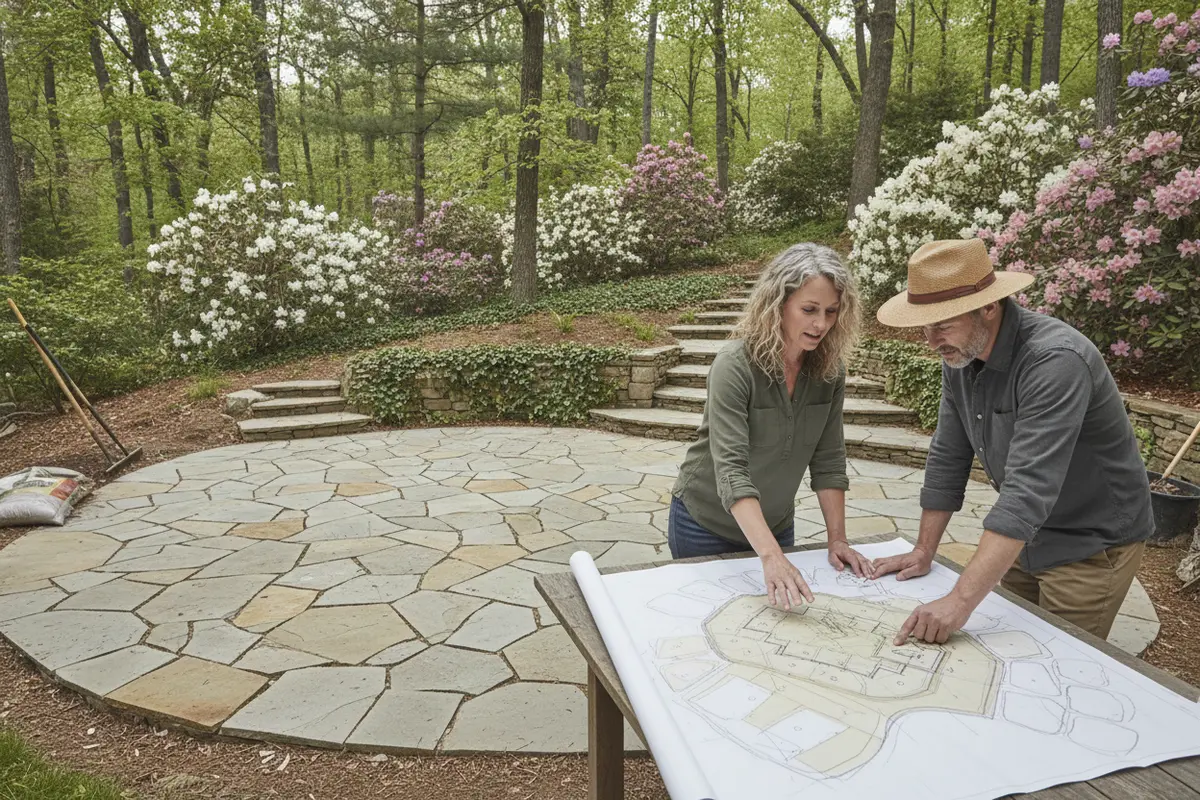Designer and homeowner reviewing a stone patio layout in a Carolina backyard