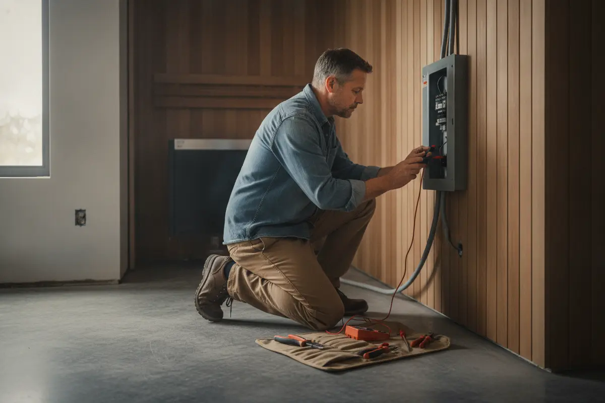 Electrician checking a home electrical panel before an indoor sauna installation
