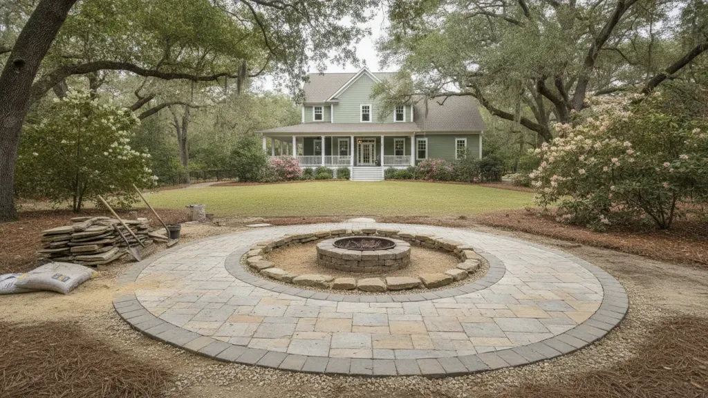 Fire pit exterior with layered pavers and stone in a Carolina backyard