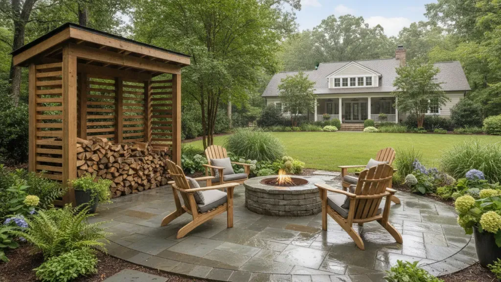 Weather-protected fire pit exterior on a rain-ready Carolina patio