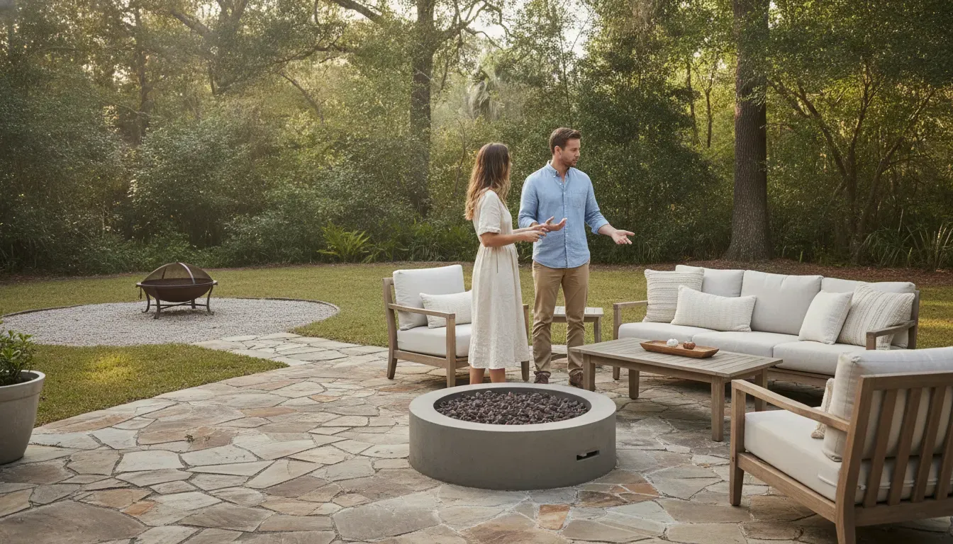 Homeowner and designer discussing custom fire pit placement on a Carolina patio
