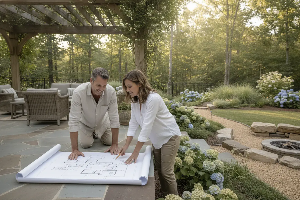 Homeowner and contractor reviewing a backyard layout beside a patio and pergola