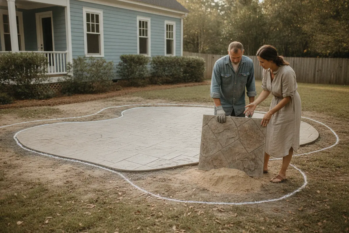 Homeowner and contractor reviewing a stamped concrete patio layout