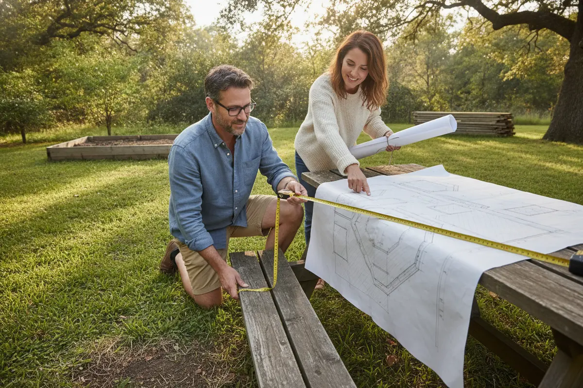 Homeowner measuring a backyard and reviewing a preliminary deck layout