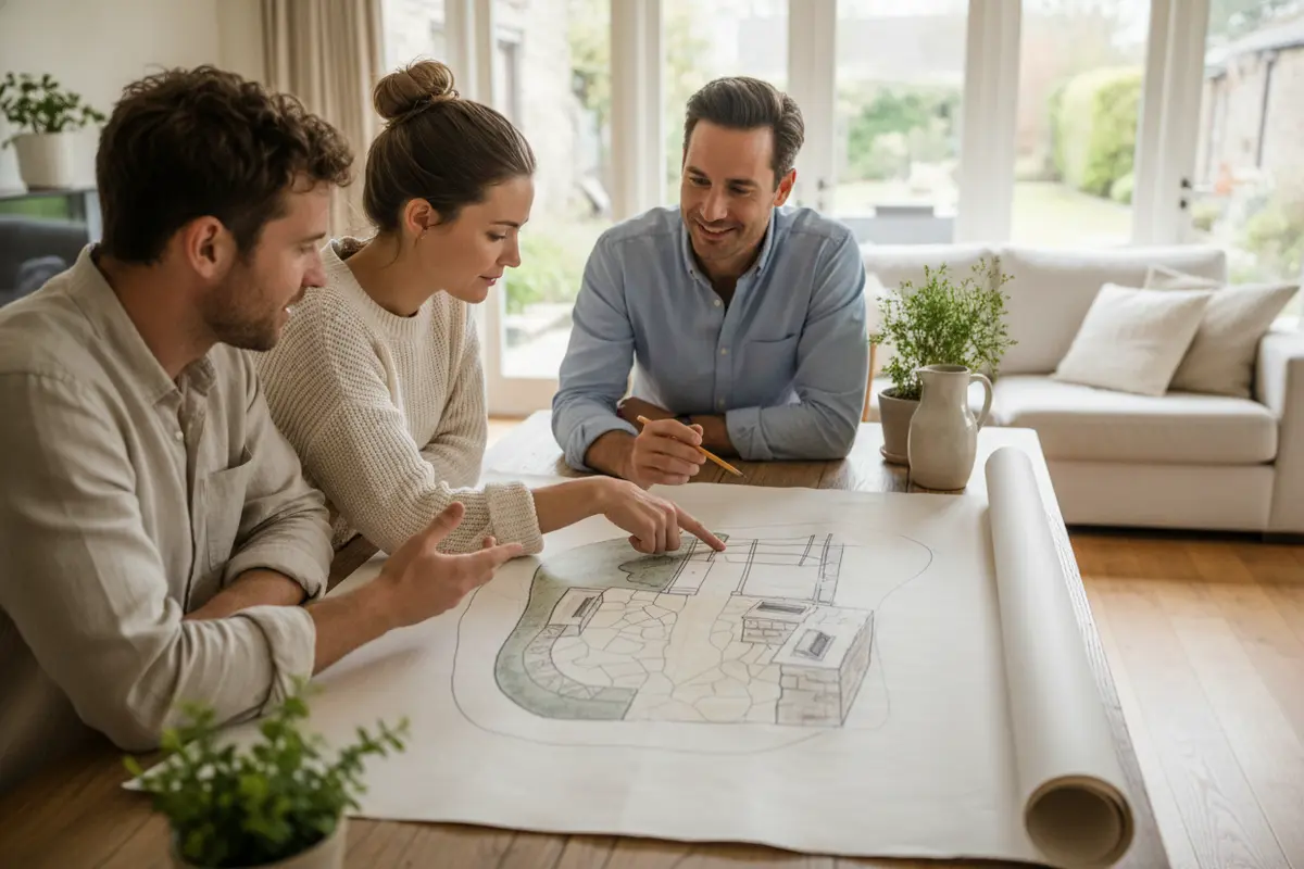 Homeowners reviewing a phased backyard layout for outdoor living
