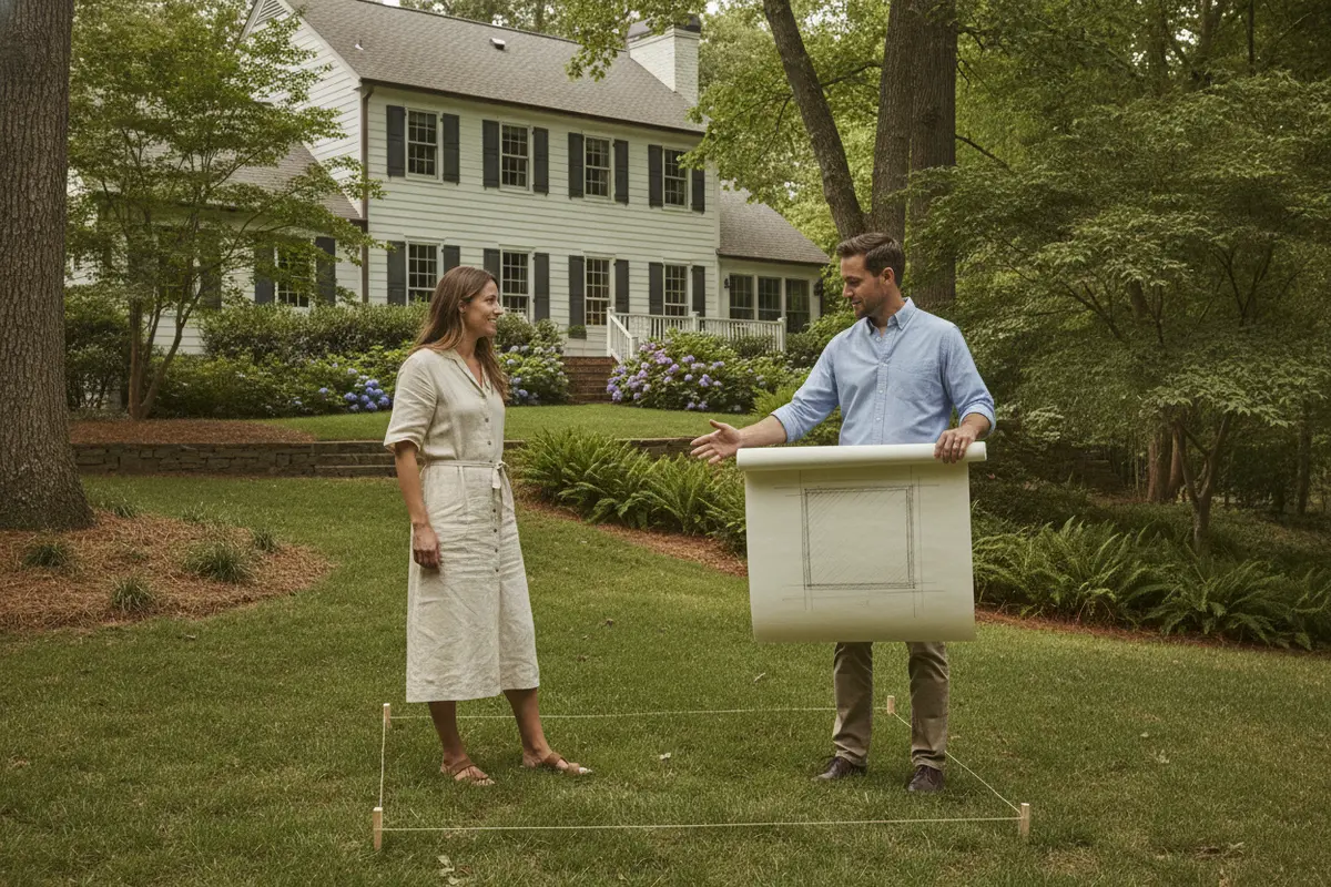 Homeowners reviewing a proposed deck footprint and yard conditions before planning construction