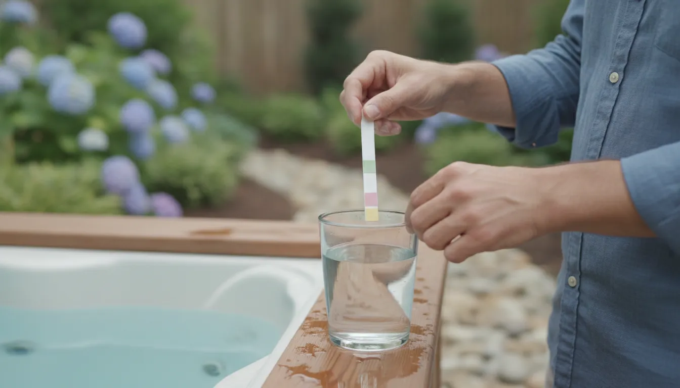 Homeowner checking a hot tub water test strip in a Carolina backyard