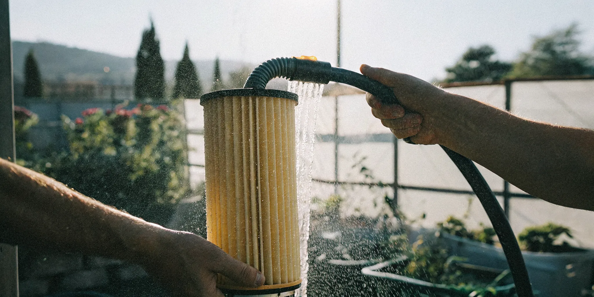 Rinsing a pleated cold plunge filter cartridge with a hose