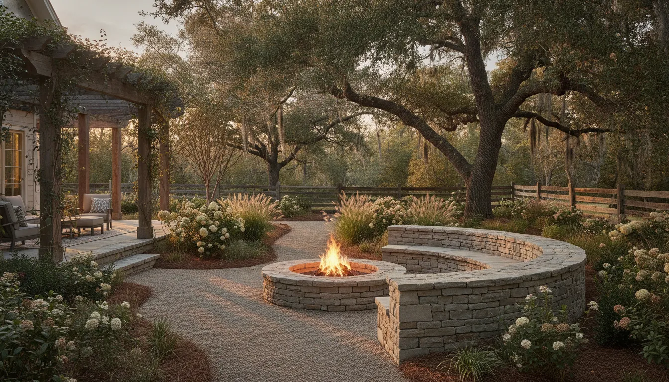 Stone outdoor fire pit seating area on a Carolina patio