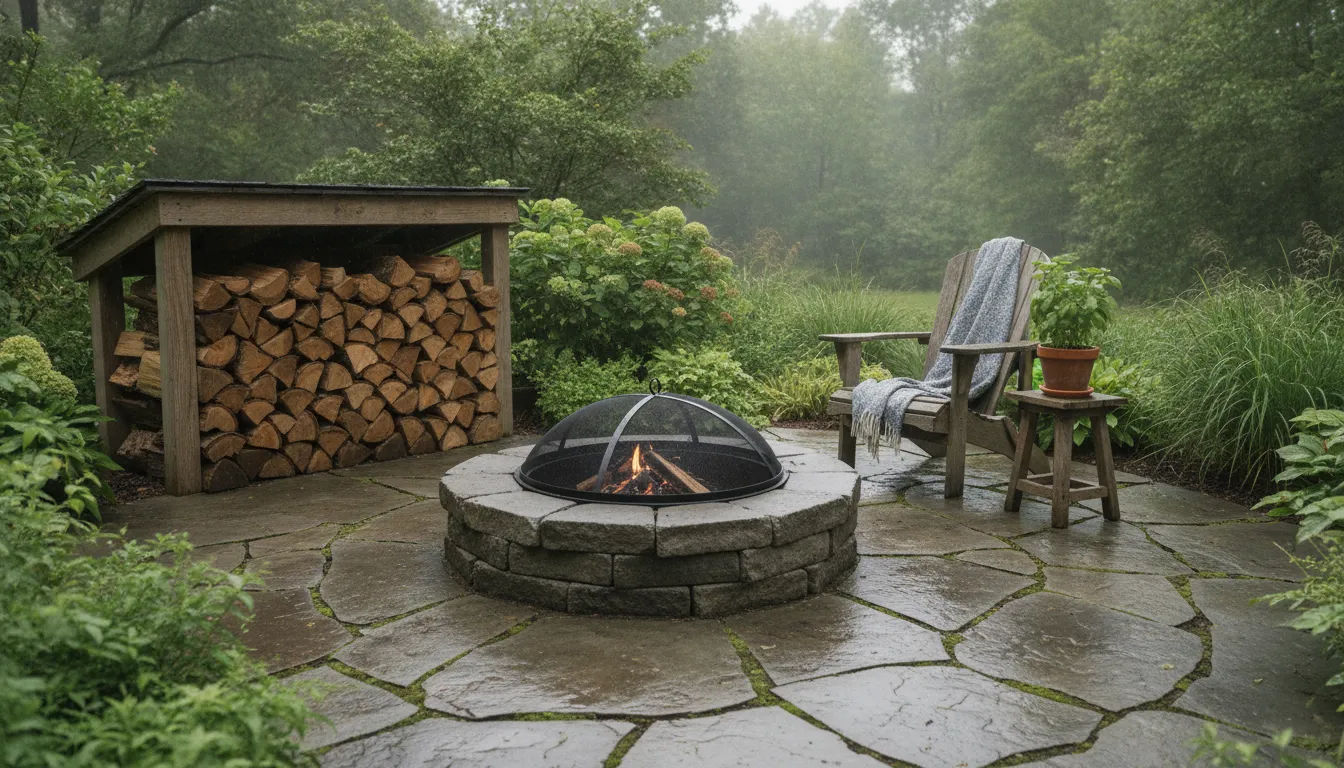 Maintained fire pit and dry firewood in a Carolina backyard