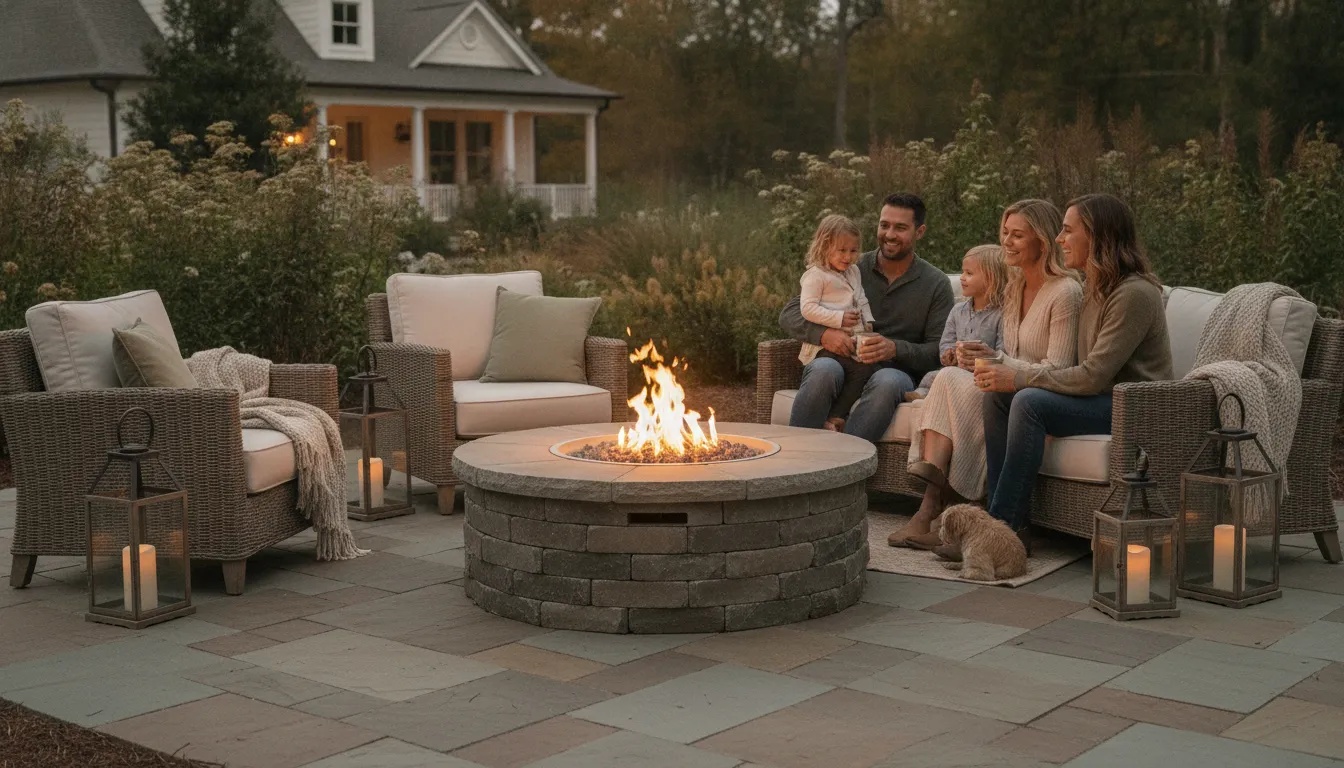Family gathered around a custom gas fire pit on a paver patio in a Carolina backyard at dusk