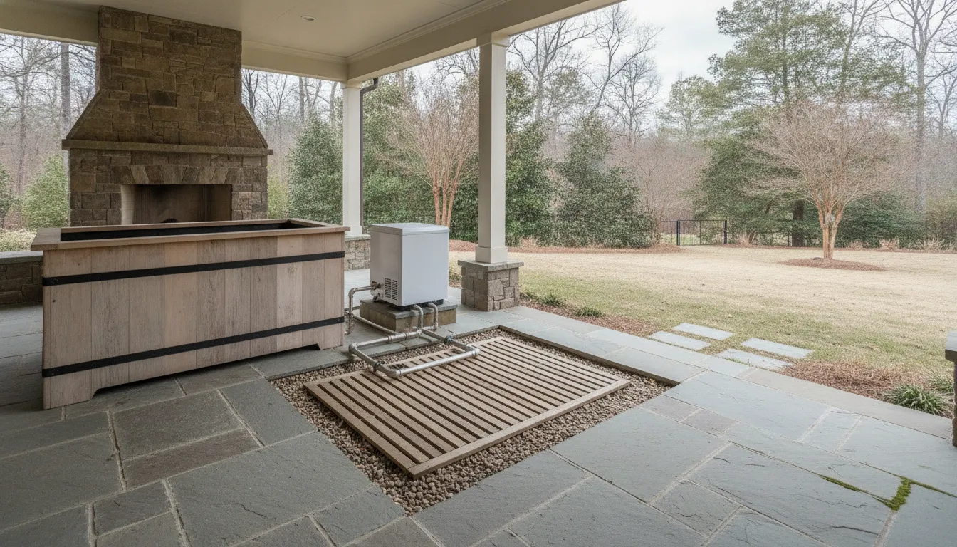 Covered Carolina cold plunge with clear drainage space around the chiller