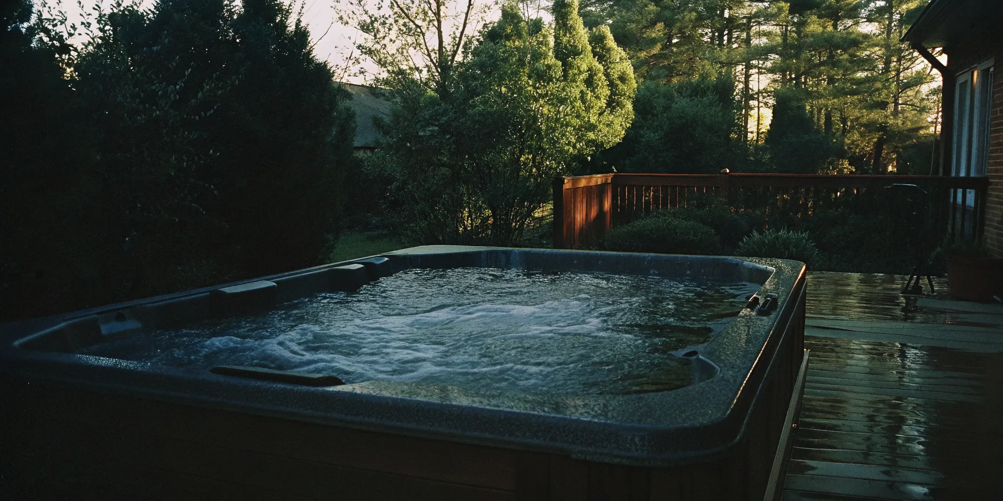 Hot Spring spa in a Carolina backyard showing spa jets creating gentle water ripples, warm evening light