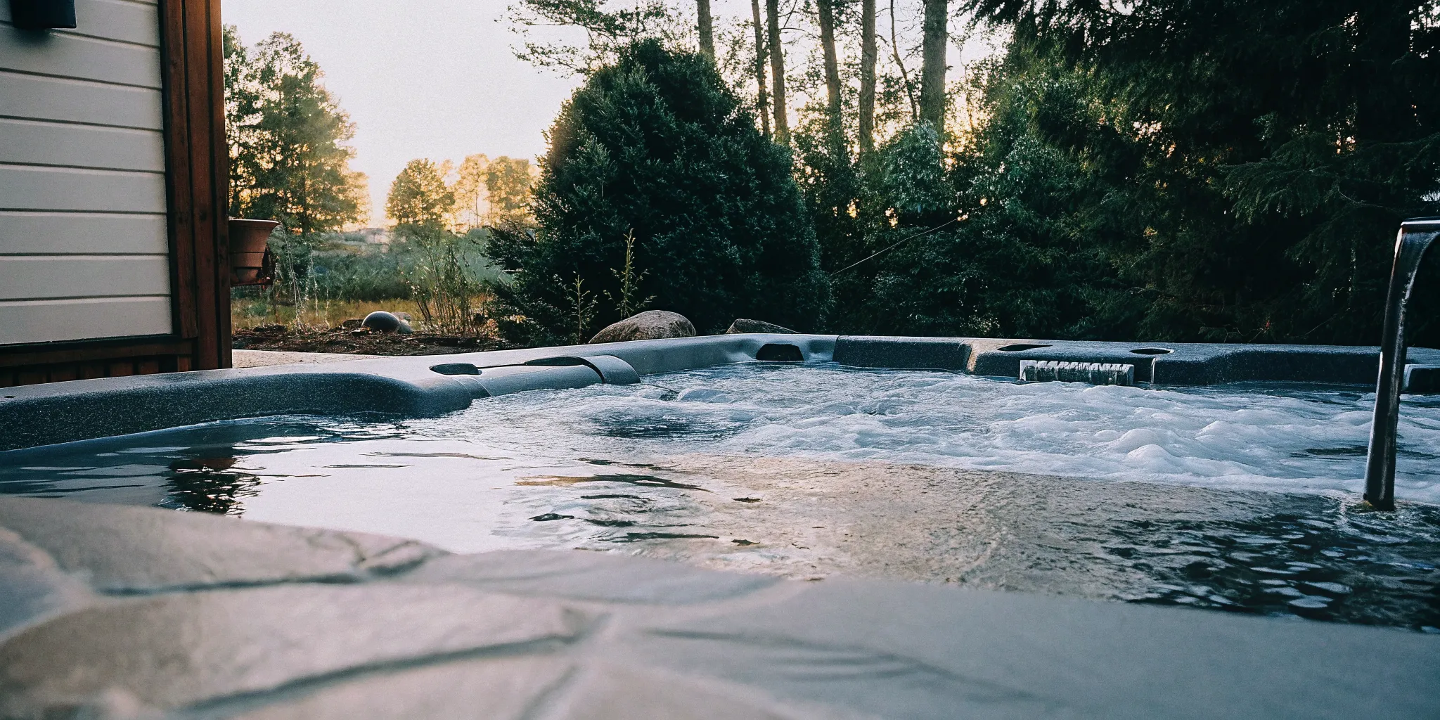 Hot Spring spa jet detail showing directional water streams in a peaceful backyard setting, warm golden lighting