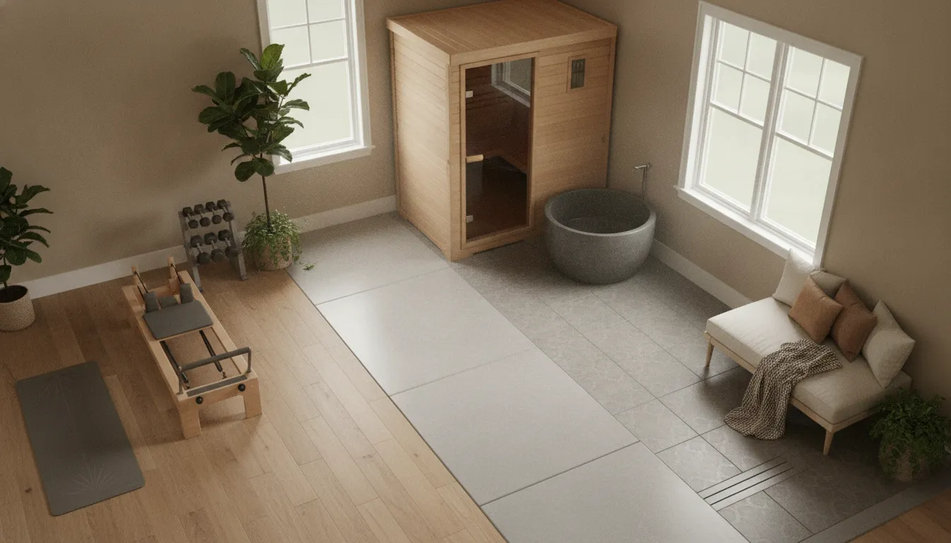 Indoor home gym layout with separate workout, sauna, cold plunge, and recovery zones