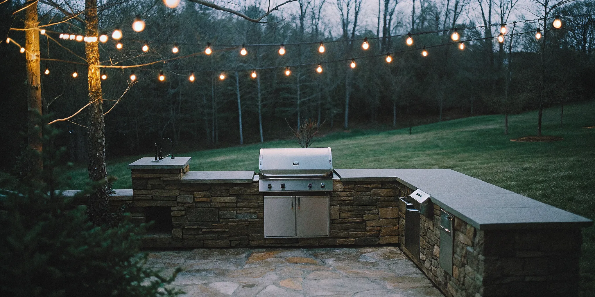 Outdoor kitchen island with built-in grill, stone countertops, warm string lights, and evening ambiance in a Carolina backyard