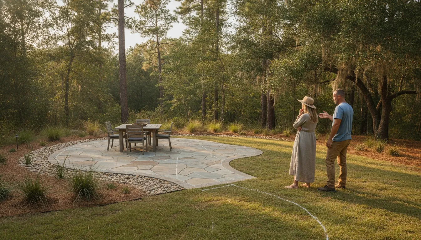 Homeowner reviewing a Carolina paver patio design with an outdoor living professional