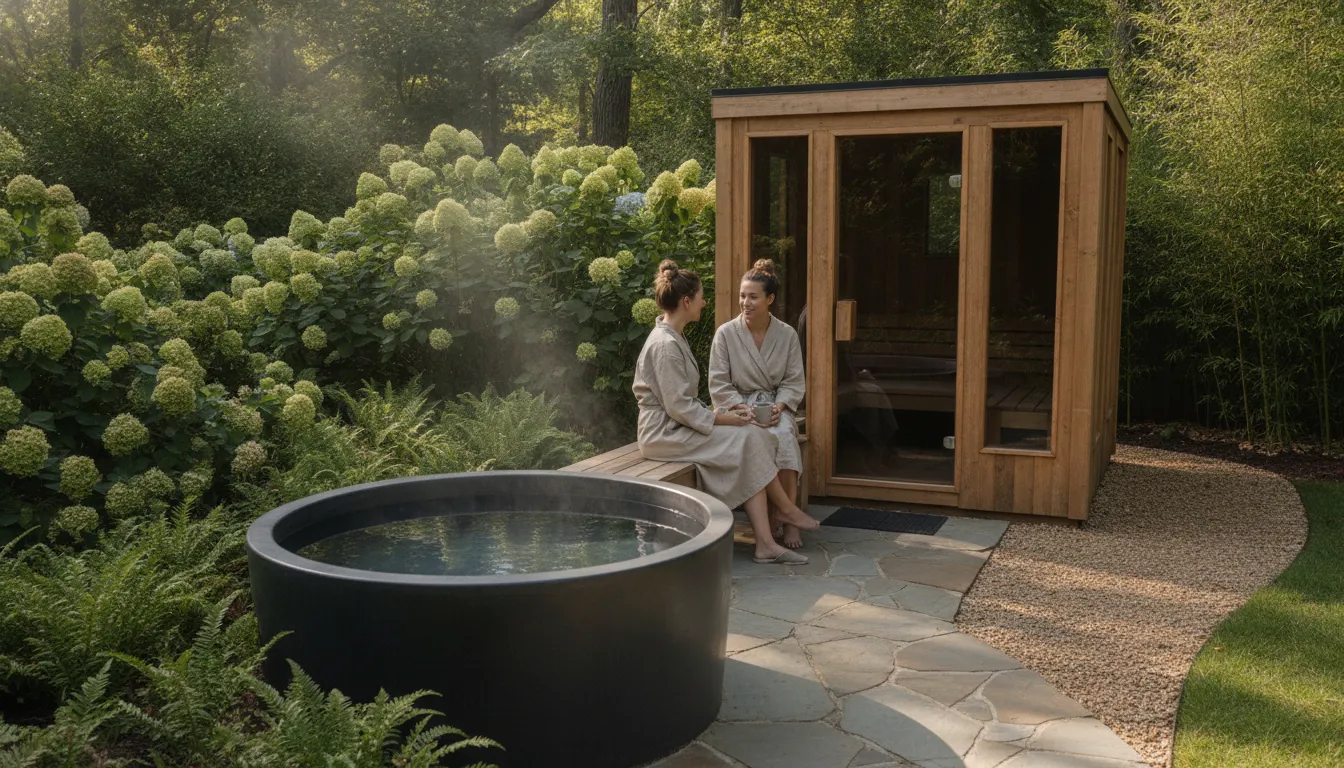 Cold plunge placed beside a private Carolina backyard wellness area