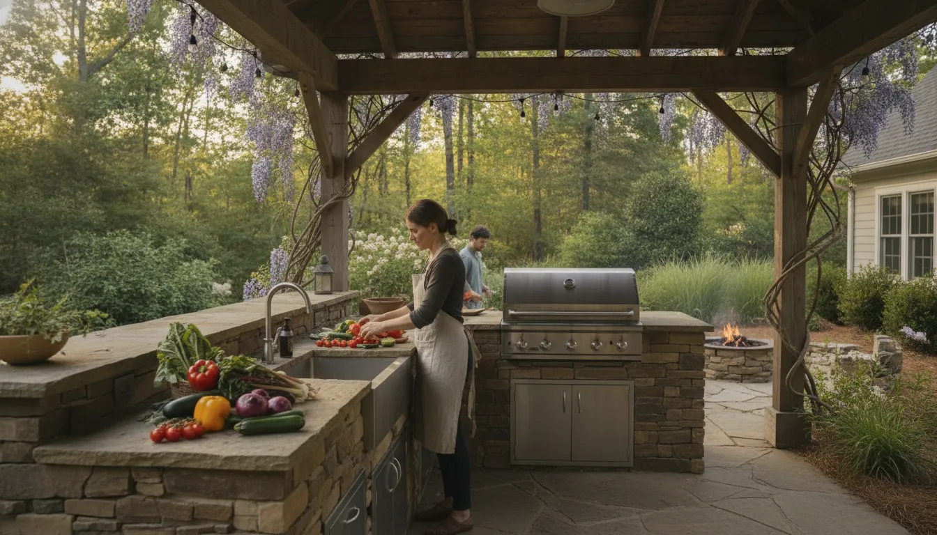 Carolina backyard outdoor kitchen prep area with a stone counter and built-in grill