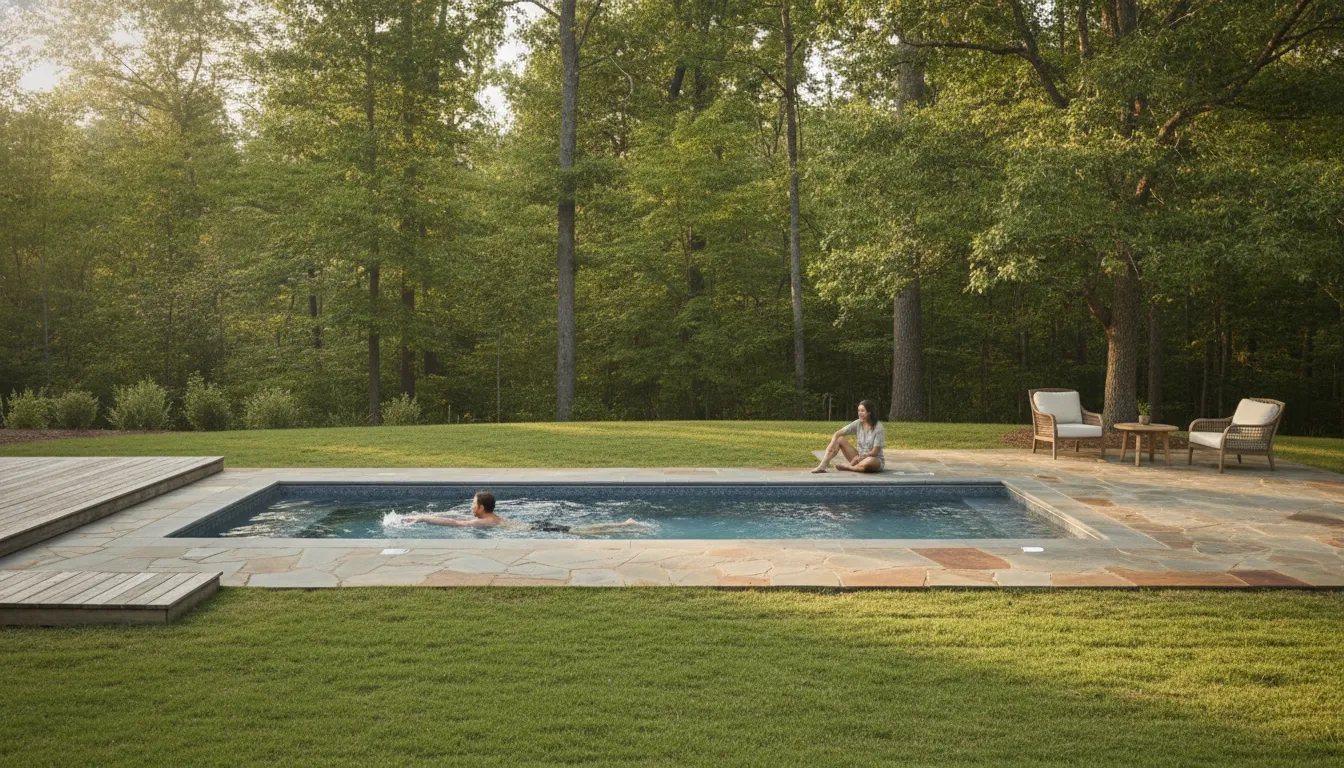 A person swimming gently in a home swim spa while a friend sits nearby on a wide Carolina patio