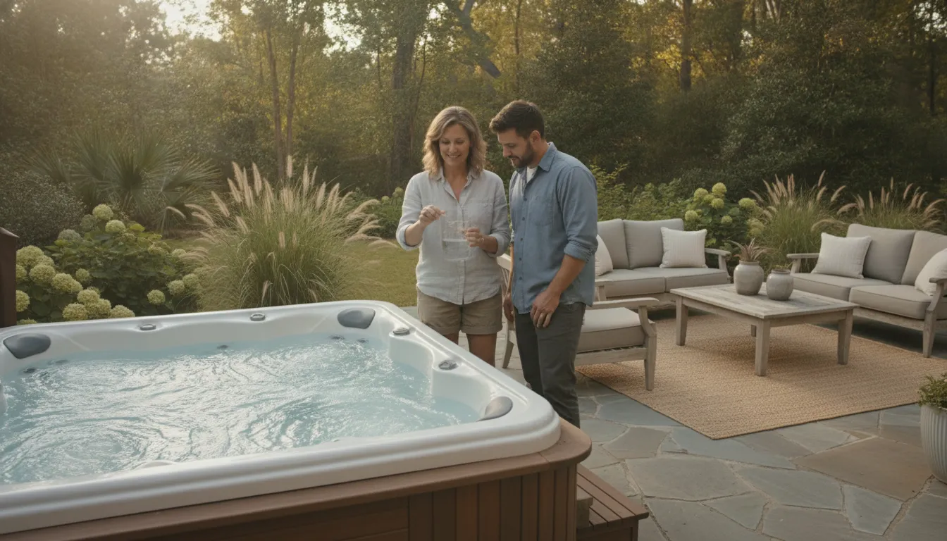 Homeowner reviewing hot tub water care with a service technician