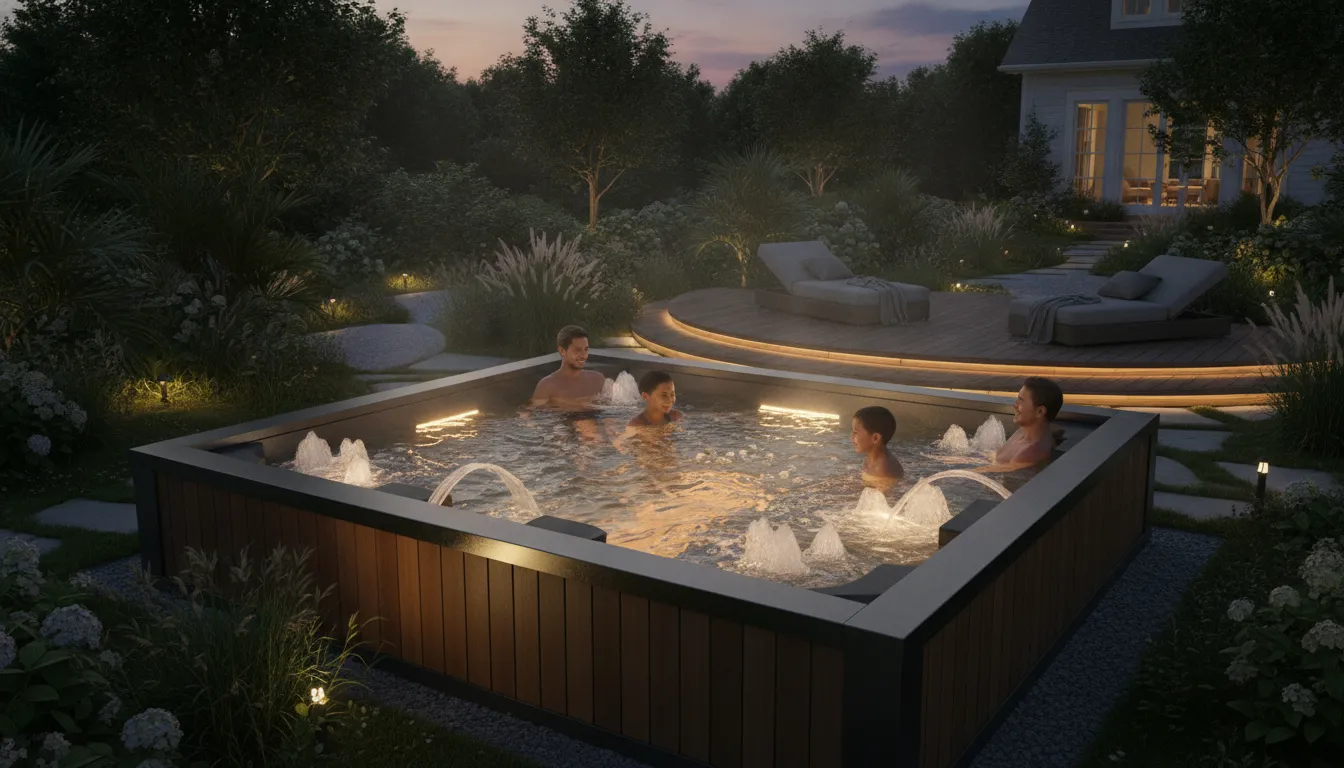 A Carolina family relaxing and using hydrotherapy jets in a modern swim spa at dusk with soft landscape lighting