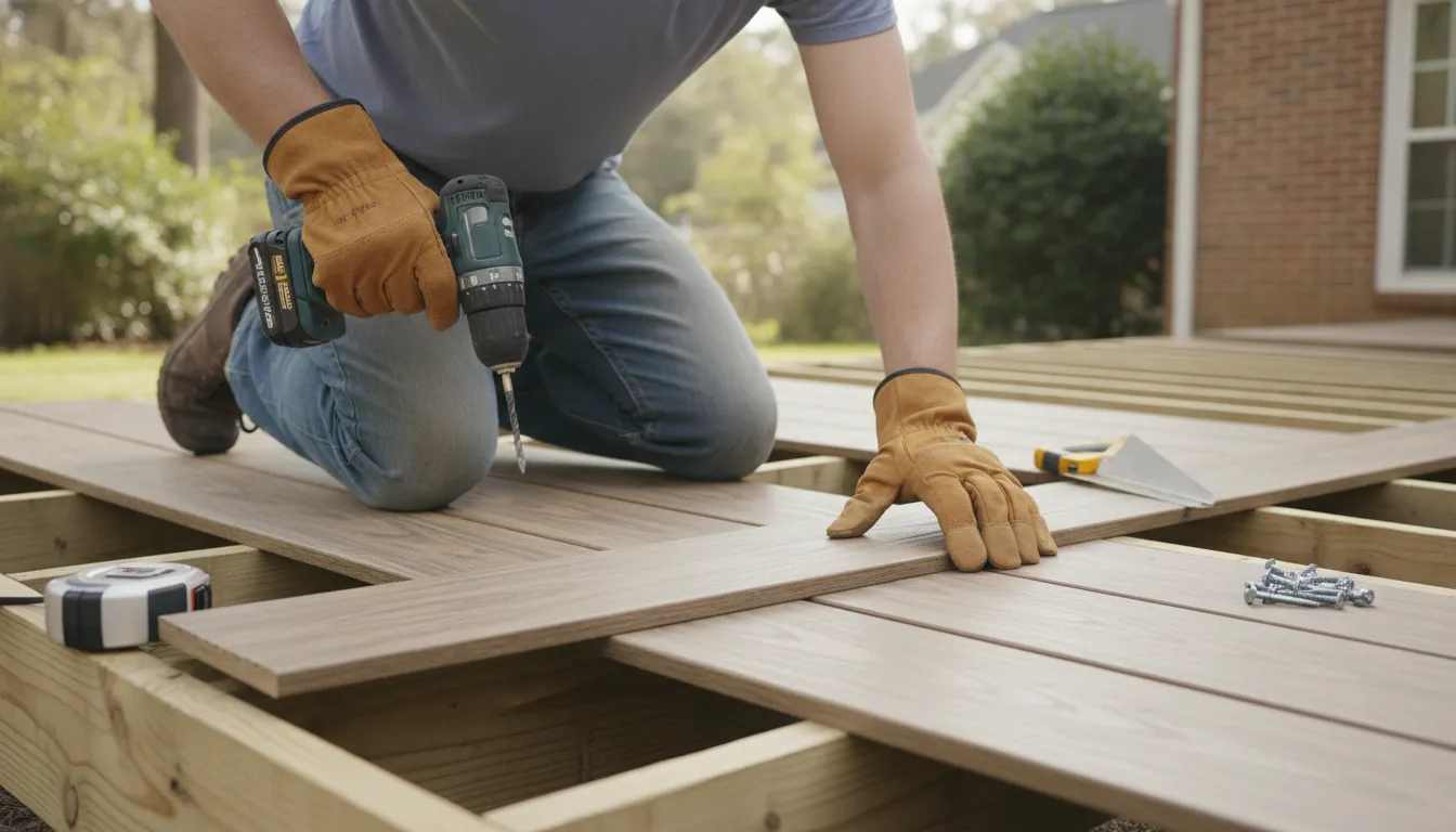 Contractor installing composite decking boards on a new deck frame in a Carolina backyard
