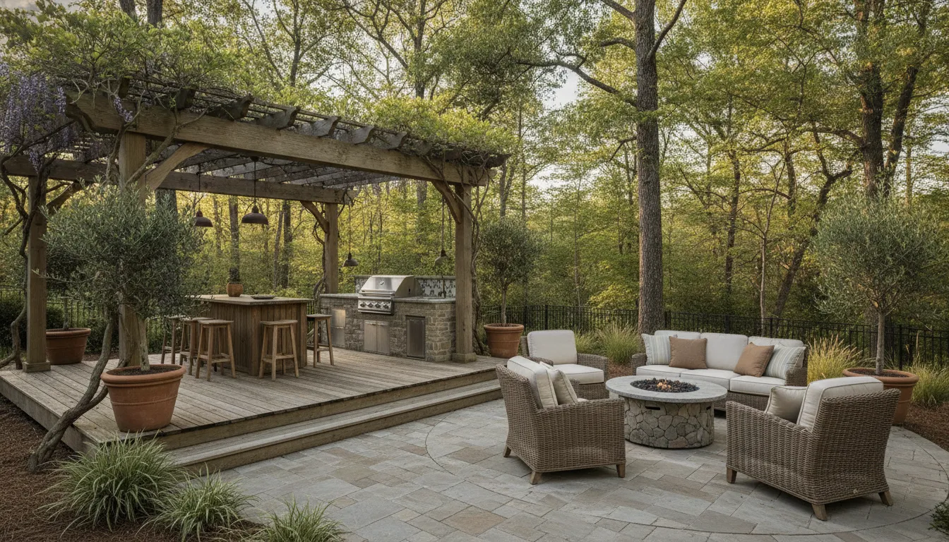 Carolina backyard deck connected to a paver patio, pergola, and outdoor kitchen in late afternoon light