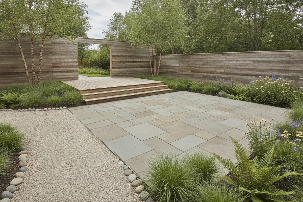 Level prepared patio with clear access to a backyard sauna location