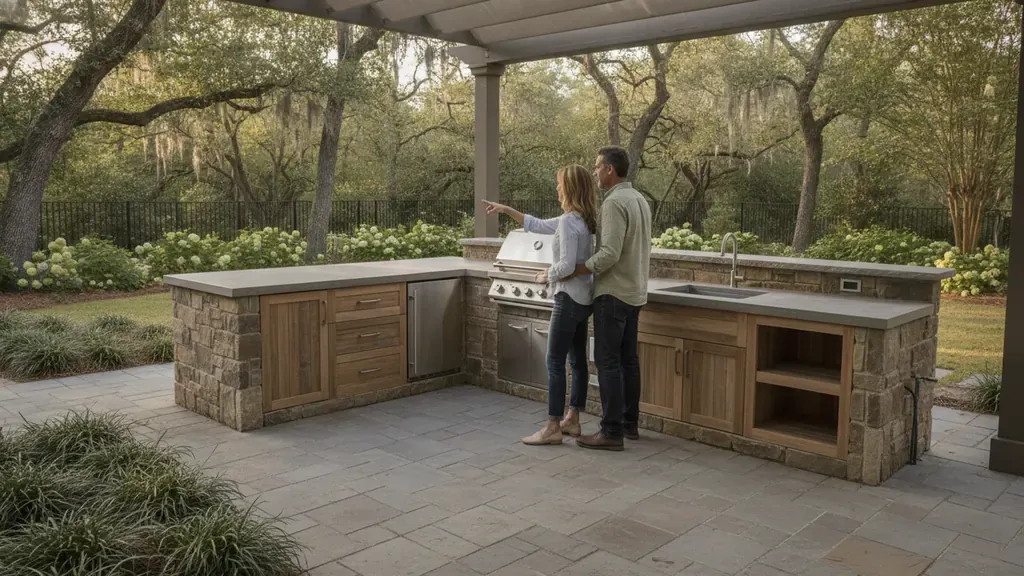 Carolina outdoor kitchen planning with modular cabinets and custom stonework