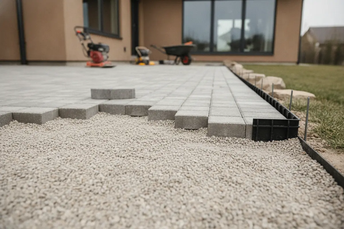Paver patio layers and edge restraint visible during installation