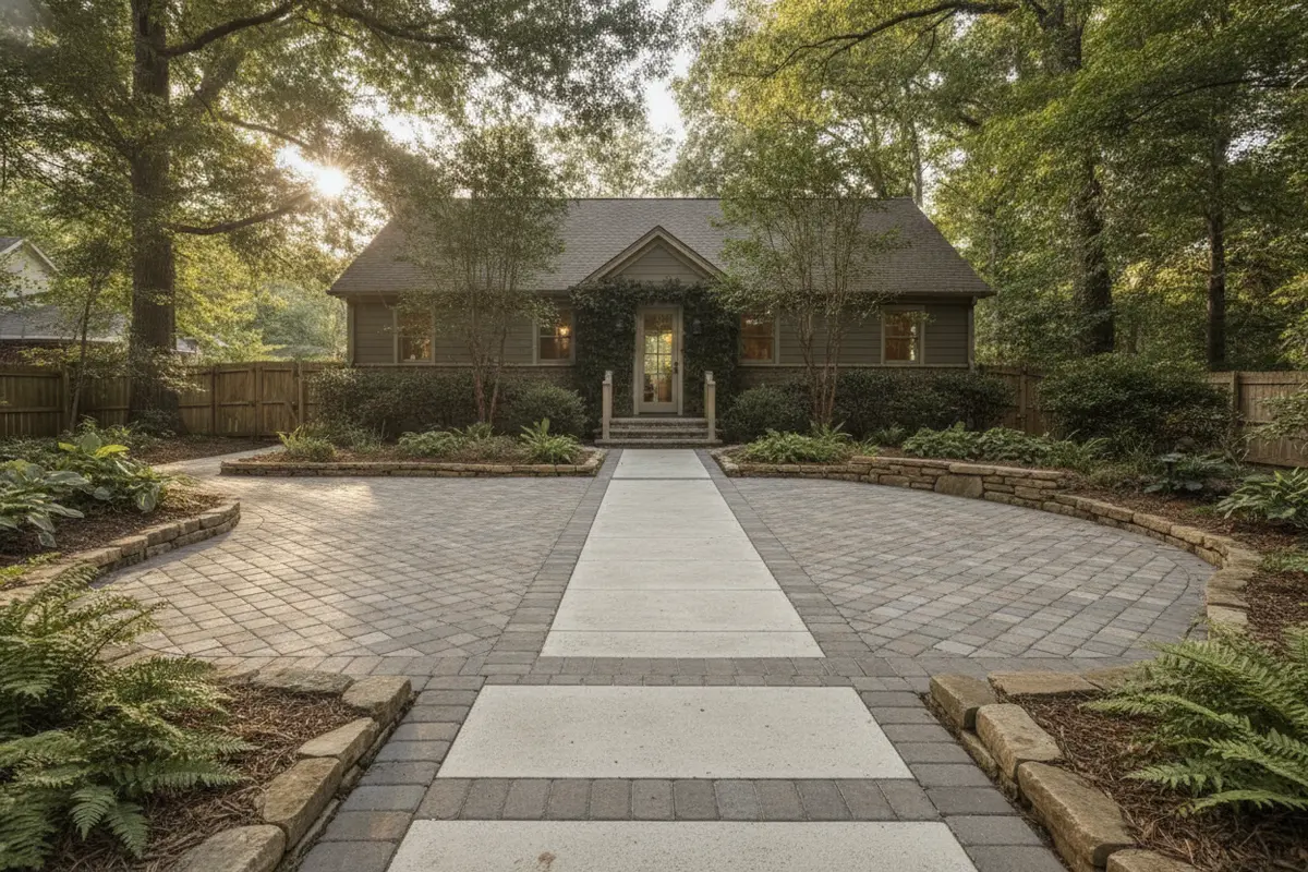 Paver patio layout with a clear walkway and defined planting-bed edges