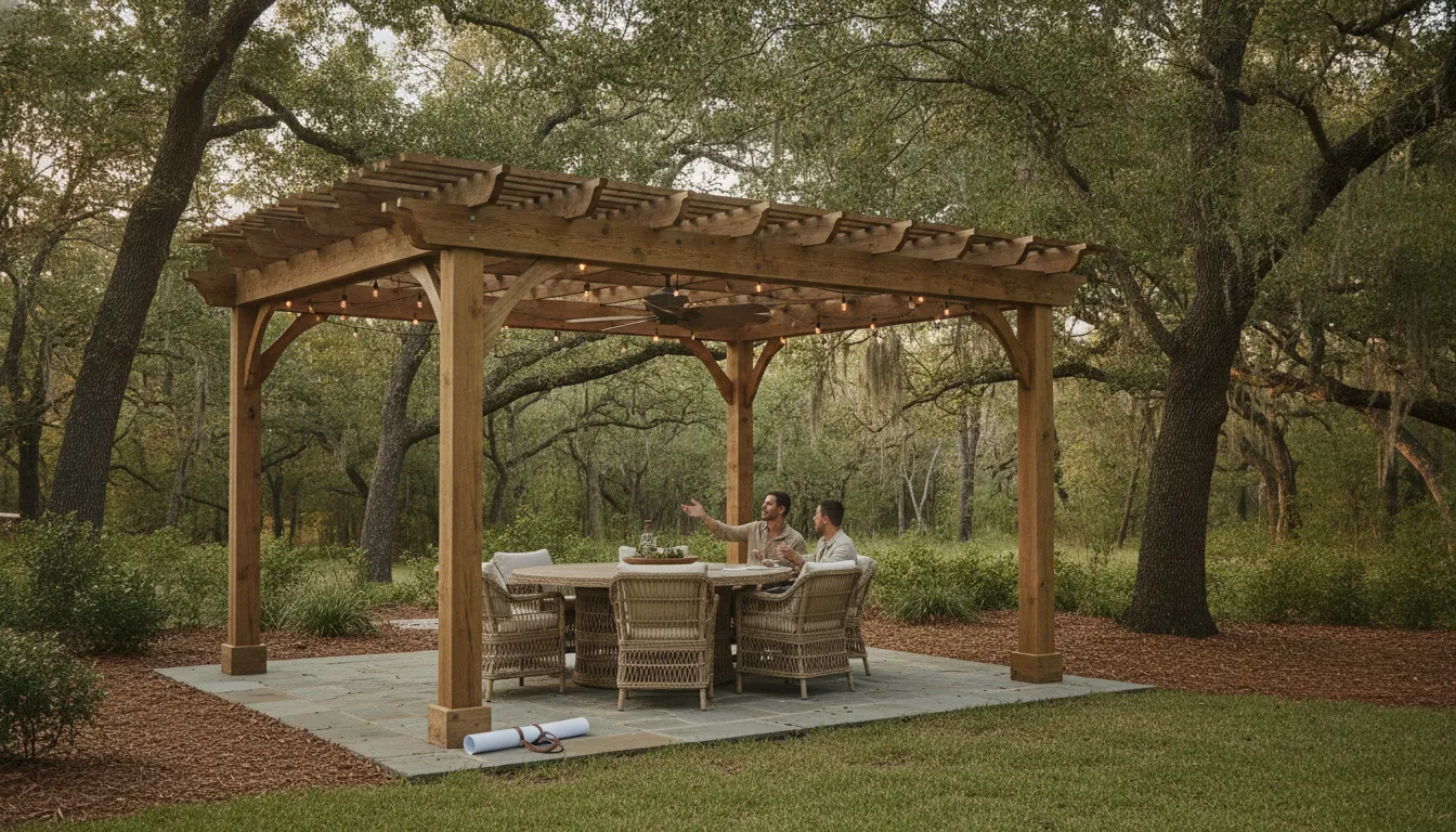 Custom pergola integrated with a Carolina outdoor dining area