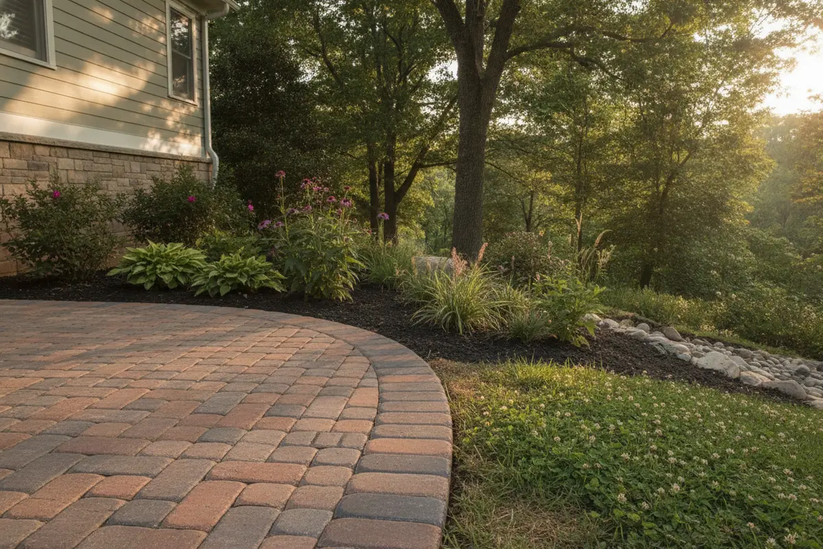 Prepared brick patio edge showing a defined border and drainage away from the home