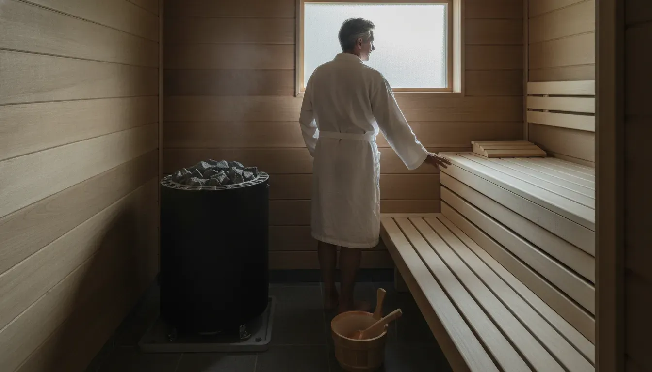 Traditional sauna heater beside wood benches in a home sauna
